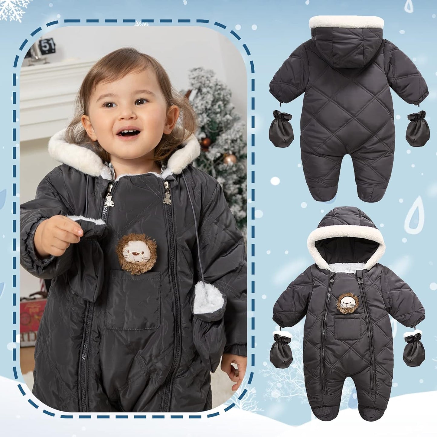 Baby Winter Outfit Coat Romper Outwear Hooded Footie Toddler Infant Lion Snowsuit