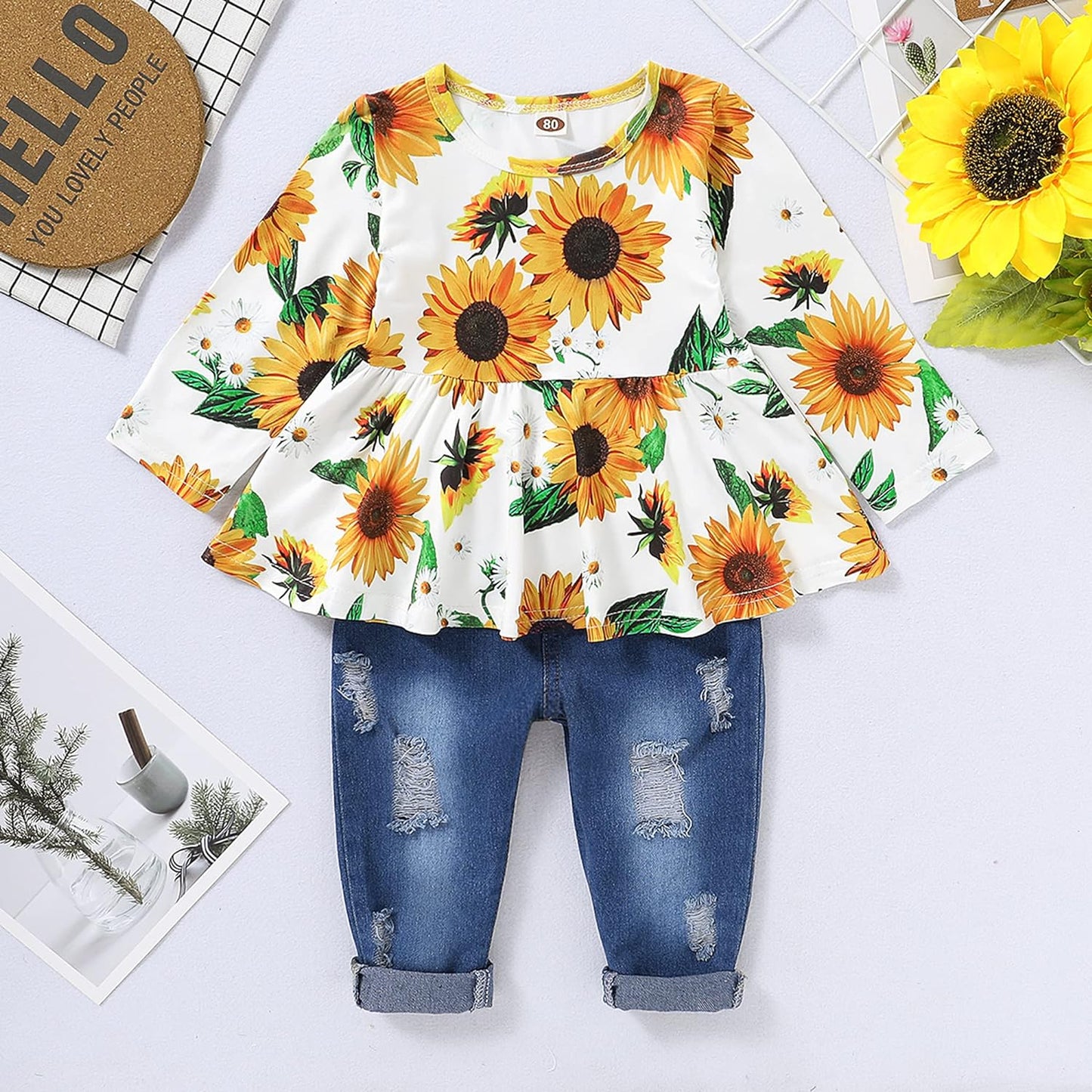 Toddler Baby Girl Outfits Ruffle Sleeve Linen Shirt Cute Ripped Jeans Kids Denim Pants Set Infant Baby Clothes Girl